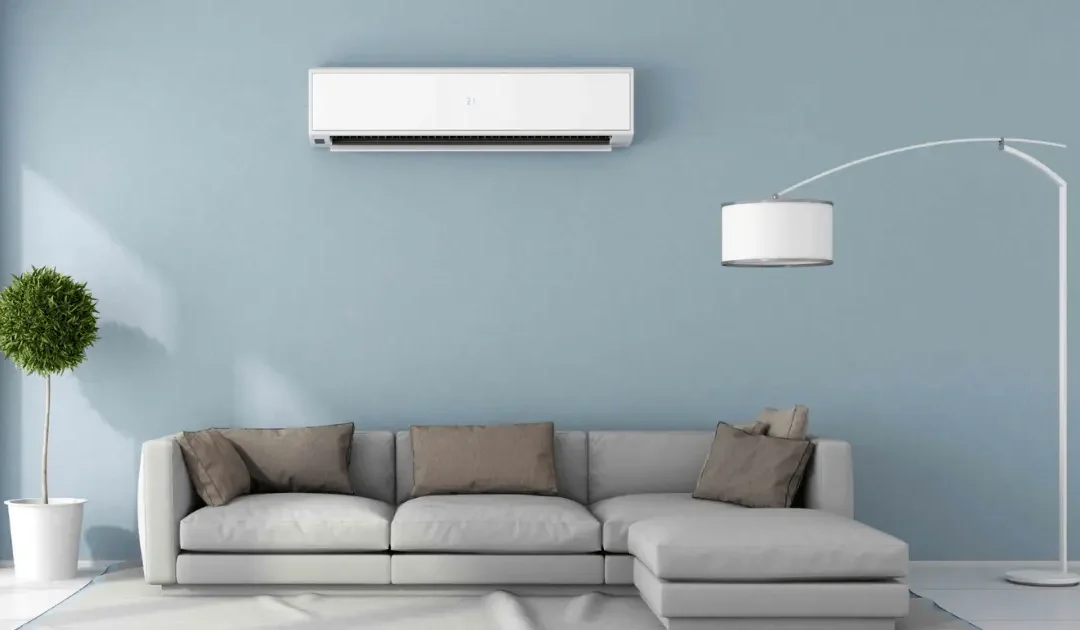 Mini-split air conditioning indoor wall unit installed in a modern home