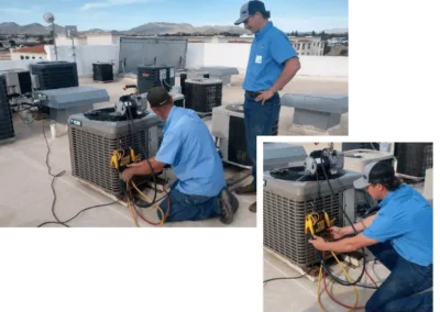 Falcon Air Conditioning technicians performing rooftop air conditioning maintenance and system diagnostics on an HVAC unit in Mesa, Arizona.