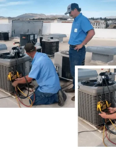 Falcon Air Conditioning technicians performing rooftop air conditioning maintenance and system diagnostics on an HVAC unit in Mesa, Arizona.