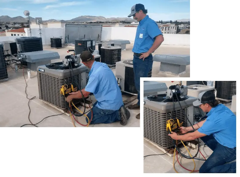 Falcon Air Conditioning technicians performing rooftop air conditioning maintenance and system diagnostics on an HVAC unit in Mesa, Arizona.
