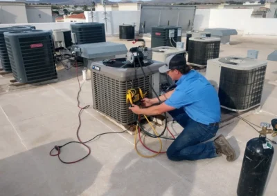 AC maintenance technician inspecting outdoor condenser in Mesa, AZ