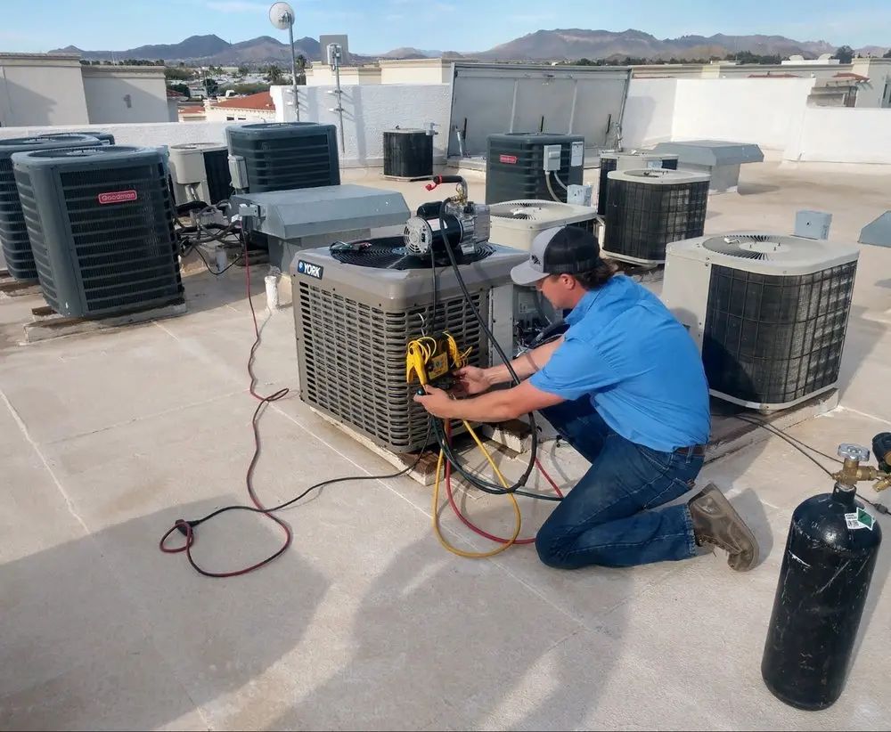 AC maintenance technician inspecting outdoor condenser in Mesa, AZ
