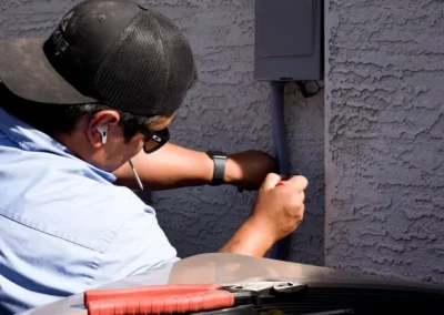 HVAC technician repairing an outdoor AC unit in Mesa, AZ